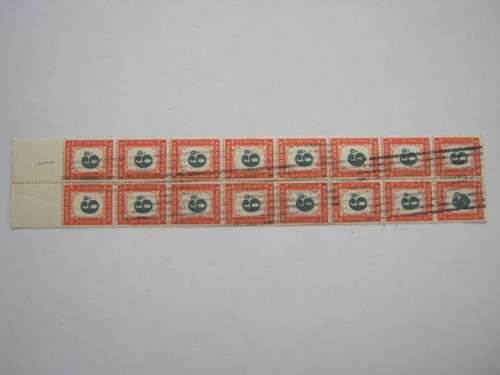 UNION - 1950-58 POSTAGE DUES `HYPHENATED` - 6d GREEN and ORANGE - BLOCK OF 16 - FINE USED