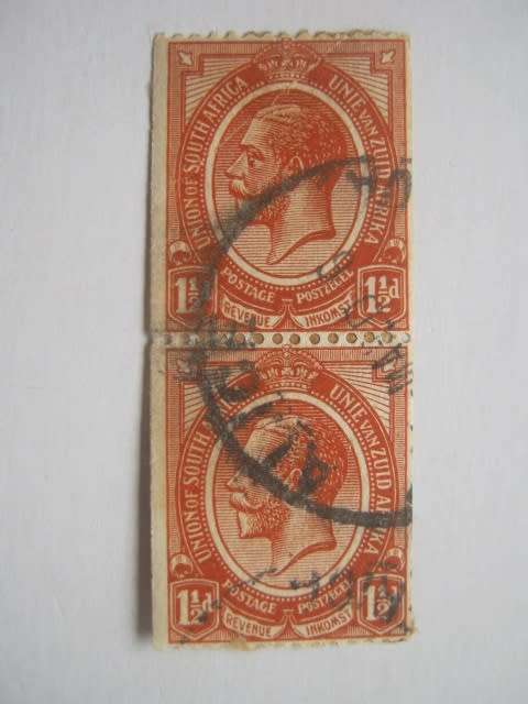 UNION - 1913 DEFIN ISSUE 1,5d CHESTNUT - COIL PAIR - USED ON PAPER