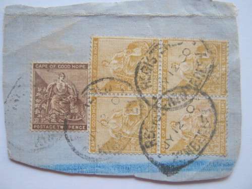 COGH - 1893-98 DEFIN ISSUE - 4d and 1/- BLOCK ON PAPER WITH CLEAR POSTMARK