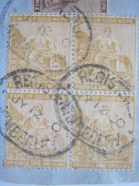 COGH - 1893-98 DEFIN ISSUE - 4d and 1/- BLOCK ON PAPER WITH CLEAR POSTMARK