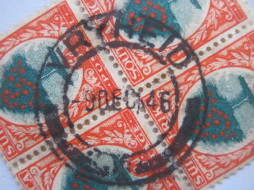 UNION - 1933-48 DEFIN ISSUE `HYPHENATED` - 6d GREEN/VERMILLION - BLOCK OF 4 - USED CLEAR POSTMARK
