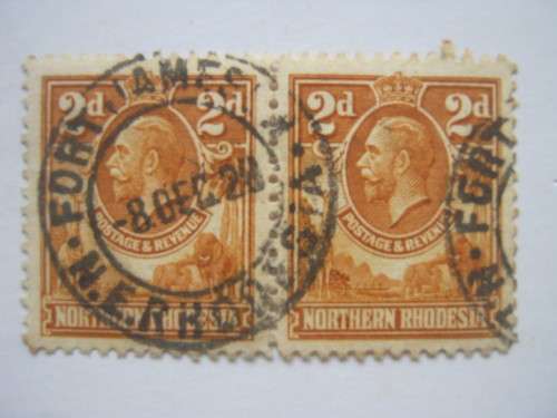 NORTHERN RHODESIA - 1925 DEFIN ISSUE KGV - 2d YELLOW-BROWN - PAIR WITH SUPERB POSTMARK - FINE USED