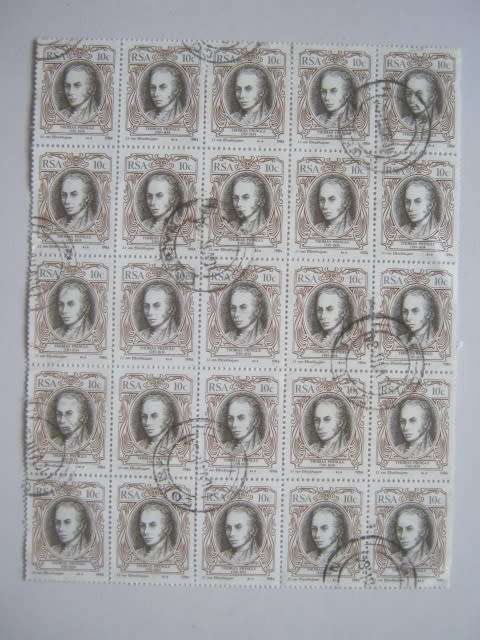 RSA - 1984 S.A. ENGLISH AUTHORS - 10c THOMAS PRINGLE - BLOCK OF 25 - POSTALLY USED