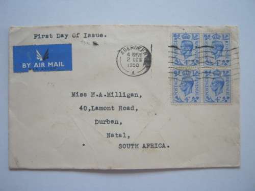 GB KGVI - 1950 COLOUR CHANGE TO DEFIN ISSUE - 4d LIGHT BLUE BLOCK OF 4 PRIVATE COVER FD CANCELLATION