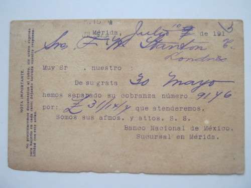 MEXICO - 1913 POSTAL HISTORY - USED POSTCARD WITH ADDITIONAL STAMP