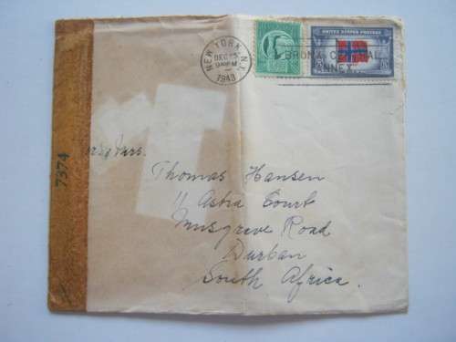 USA - 1943 POSTAL HISTORY - WWII CENSORED COVER - NEW YORK, USA TO SOUTH AFRICA