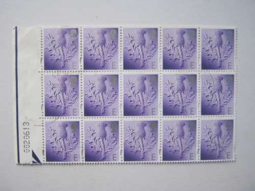 GB QEII - 1999 REGIONAL ISSUE - SCOTLAND - `E` LILAC and SILVER - BLOCK OF 15 - POSTALLY USED