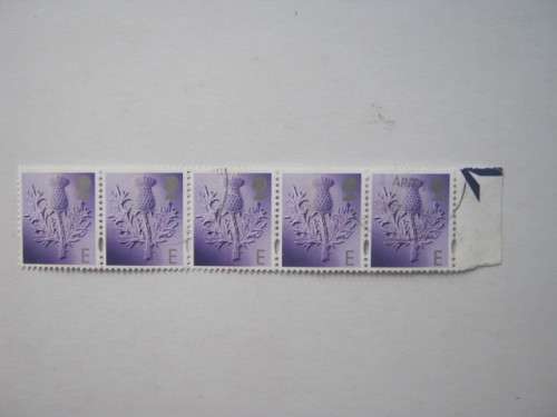 GB QEII - 1999 REGIONAL ISSUE - SCOTLAND - `E` LILAC and SILVER - STRIP OF 5 - POSTALLY USED