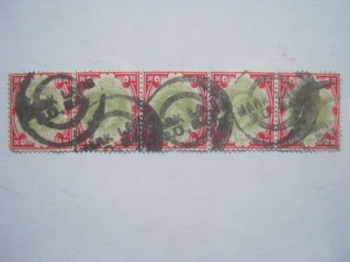 GB KEVII - 1901-10 DEFIN ISSUE - 1/- GREEN and RED - STRIP OF 5 - USED - POOR CONDITION