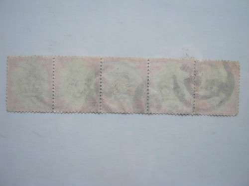 GB KEVII - 1901-10 DEFIN ISSUE - 1/- GREEN and RED - STRIP OF 5 - USED - POOR CONDITION