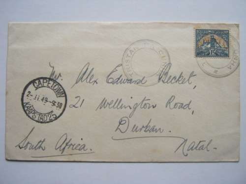 POSTAL HISTORY - TRISTAN DA CUNHA TO DURBAN VIA CAPE TOWN