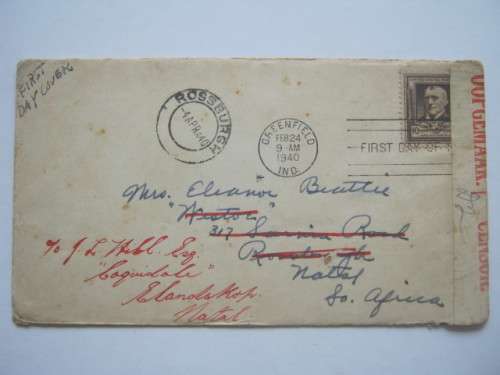 USA - 1940 POSTAL HISTORY - WWII CENSORED COVER - GREENFIELD, USA TO SOUTH AFRICA