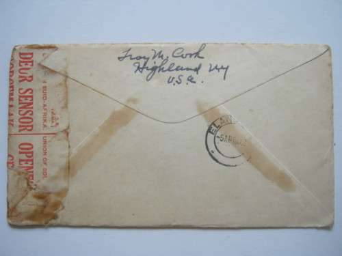 USA - 1940 POSTAL HISTORY - WWII CENSORED COVER - GREENFIELD, USA TO SOUTH AFRICA