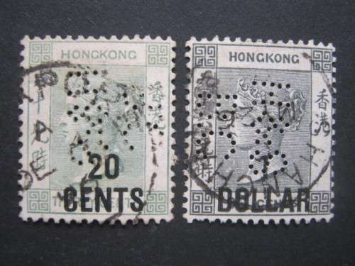 HONG KONG - 1885 DEFIN ISSUE QV (SURCH) - 20c ON 30c GREEN and $1 ON 96c BLACK WITH PERFIN - USED