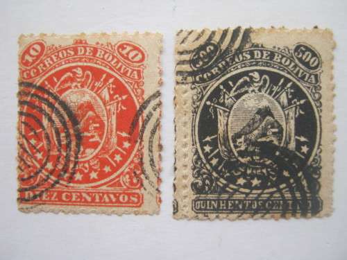 BOLIVIA - 1868  DEFIN ISSUE (NINE STARS BELOW ARMS) - TWO SINGLES (INCL TOP VALUE) - USED