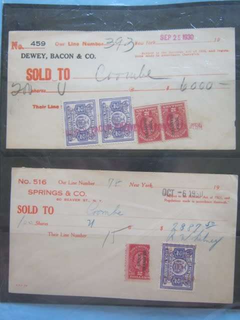 THEMATICS - USA - SELECTION OF WALL STREET STOCK TRANSFER RECEIPTS WITH STAMPS