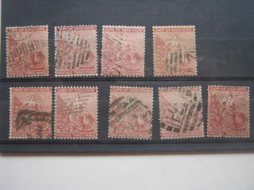 COGH - 1882-83 DEFIN ISSUE (Wmk CROWN OVER CA) - 3d PALE CLARET - 9 x SINGLES (SHADES) - USED
