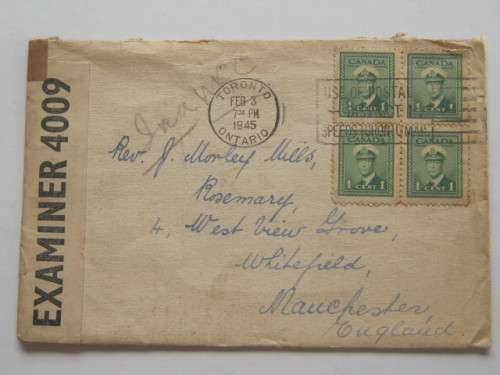 CANADA - 1945 POSTAL HISTORY - WWII CENSORED COVER - CANADA TO ENGLAND