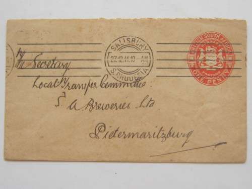 BSAC - 1911 POSTAL HISTORY - COVER FROM SALISBURY TO PIETERMARITZBURG WITH SUPERB CANCELLATION