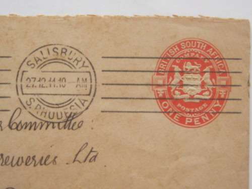 BSAC - 1911 POSTAL HISTORY - COVER FROM SALISBURY TO PIETERMARITZBURG WITH SUPERB CANCELLATION