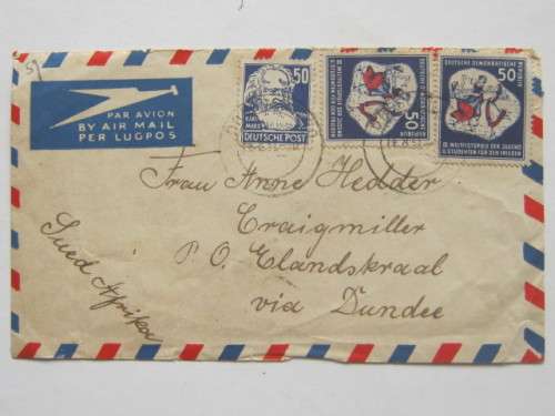 POSTAL HISTORY - GERMANY - 1951 COVER FROM GERMANY TO SA WITH DDR and DEUTSCHE POST STAMPS