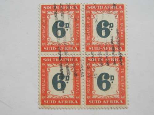 UNION - 1950-58 POSTAGE DUE - 6d GREEN/ORANGE - BLOCK OF 4 - USED