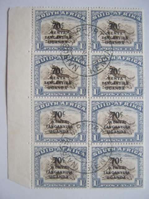 K.U.T. - 1941 OPTD `KENYA TANGANYIKA UGANDA` - 1/- MARGINAL BLOCK OF 8 - USED - CLEAR CANCELLATION