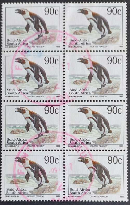 RSA - 1993 6th DEFIN ISSUE (TYPE II) - 90c JACKASS PENGUIN - BLOCK OF 8 - POSTALLY USED