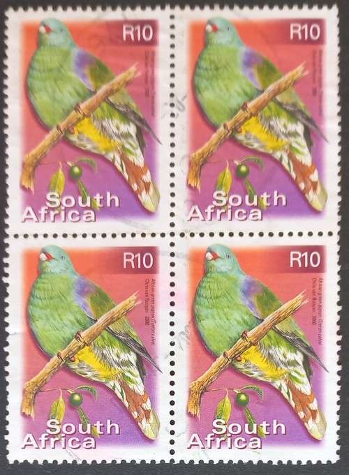 RSA - 2000 7th DEFIN ISSUE - R10 AFRICAN GREEN PIGEON - BLOCK OF 4 - POSTALLY USED