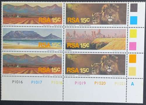 RSA - 1975 TOURISM - SETENANT CONTROL BLOCK OF 6 (PANE A) - MNH