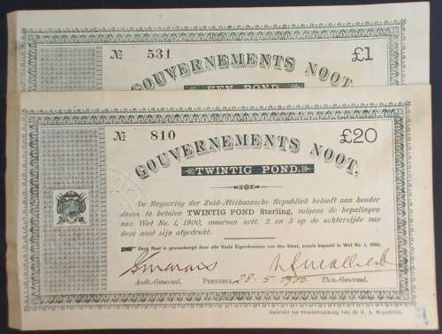 1900 PRETORIA GOVERNMENT NOTES - £20 and £1 - GOOD CONDITION
