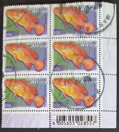 RSA - 2000 7th DEFIN ISSUE - 50c CORAL ROCKCOD - BLOCK OF 6 - POSTALLY USED