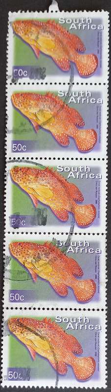 RSA - 2000 7th DEFIN ISSUE - 50c CORAL ROCKCOD - STRIP OF 5 - POSTALLY USED