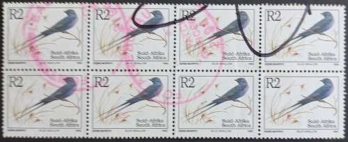 RSA - 1993 6th DEFIN ISSUE (TYPE II) - R2 BLUE SWALLOW - BLOCK OF 8 - POSTALLY USED