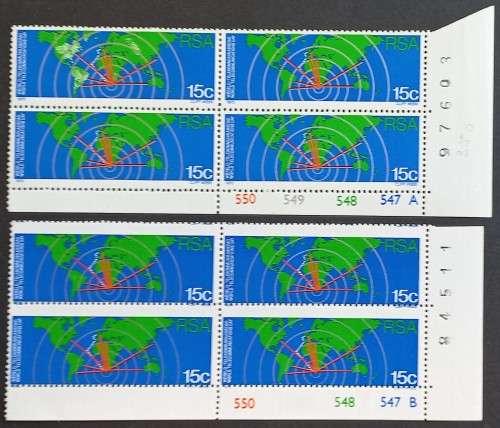RSA - 1973 WORLD TELECOMMUNICATIONS DAY - 2 x CONTROL BLOCKS OF 4 (NO WMK) - (CYL A and B) - UNUSED