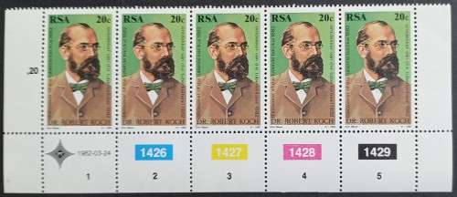 RSA - 1982 DISCOVERY OF TB - DR ROBERT KOCH - CONTROL STRIP OF 5 - MNH