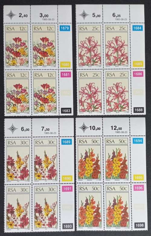 RSA - 1985 S.A. FLORAL EMIGRANTS - FULL SET OF CONTROL BLOCKS OF 4 - MNH