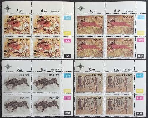 RSA - 1987 ROCK PAINTINGS - FULL SET OF CONTROL BLOCKS OF 4 - MNH