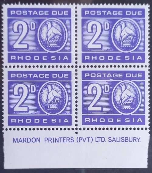 Rhodesia - 1966 Postage Dues - 2d Blue - Imprint Block of 4 - MNH