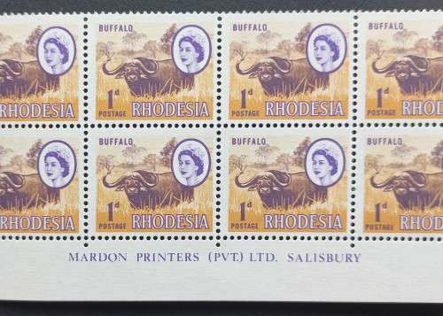 RHODESIA - 1966-70 DEFIN ISSUE (MARDON) - 1d BUFFALO (2nd PRINT) - CONTROL/IMPRINT BLOCK OF 24 - MNH