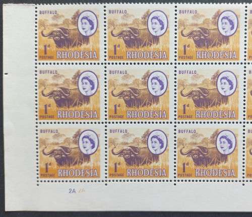 RHODESIA - 1966-70 DEFIN ISSUE (MARDON) - 1d BUFFALO (2nd PRINT) - CONTROL/IMPRINT BLOCK OF 36 - MNH