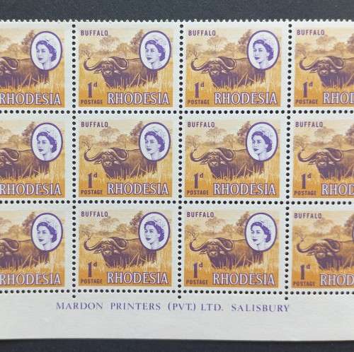 RHODESIA - 1966-70 DEFIN ISSUE (MARDON) - 1d BUFFALO (2nd PRINT) - CONTROL/IMPRINT BLOCK OF 36 - MNH