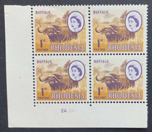 RHODESIA - 1966-70 DEFIN ISSUE (MARDON) - 1d BUFFALO (2nd PRINT) - CONTROL BLOCK OF 4 - MNH