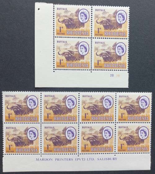 RHODESIA - 1966-70 DEFIN ISSUE (MARDON) - 1d BUFFALO (2nd PRINTING) - CONTROL/IMPRINT BLOCKS - MNH