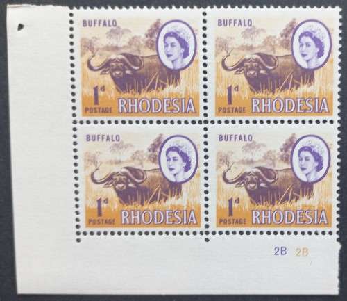 RHODESIA - 1966-70 DEFIN ISSUE (MARDON) - 1d BUFFALO (2nd PRINTING) - CONTROL BLOCK OF 4 `2B` - MNH