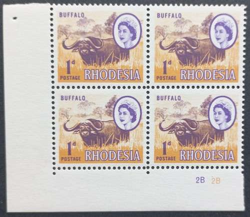 RHODESIA - 1966-70 DEFIN ISSUE (MARDON) - 1d BUFFALO (2nd PRINTING) - CONTROL BLOCK OF 4 `2B` - MNH