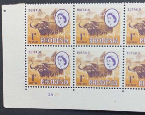 RHODESIA - 1966-70 DEFIN ISSUE (MARDON) - 1d BUFFALO (2nd PRINT) - CONTROL/IMPRINT BLOCK OF 24 - MNH