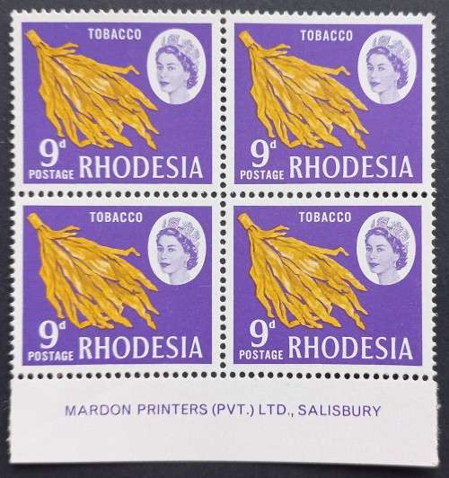 RHODESIA - 1966-70 DEFIN ISSUE (MARDON) - 9d TOBACCO - IMPRINT BLOCK OF 4 - MNH