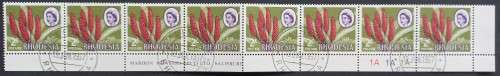 RHODESIA - 1966-70 DEFIN ISSUE (MARDON) - 2/- ALOE - STRIP OF 8 WITH IMPRINT/CONTROL - CTO