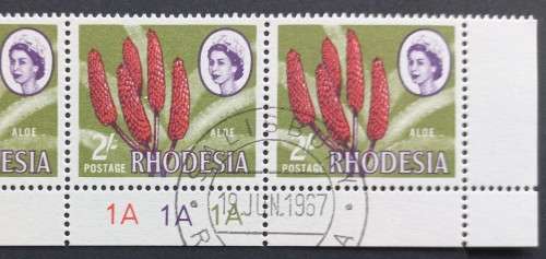 RHODESIA - 1966-70 DEFIN ISSUE (MARDON) - 2/- ALOE - STRIP OF 8 WITH IMPRINT/CONTROL - CTO
